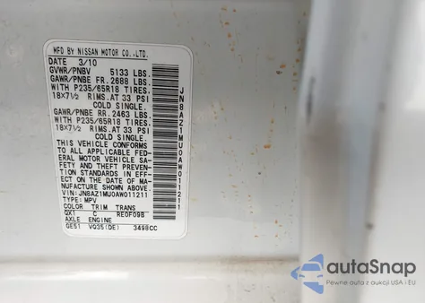 2010 Nissan Murano Sl z USA, uszkodzony, nr VIN JN8AZ1MU0AW011211